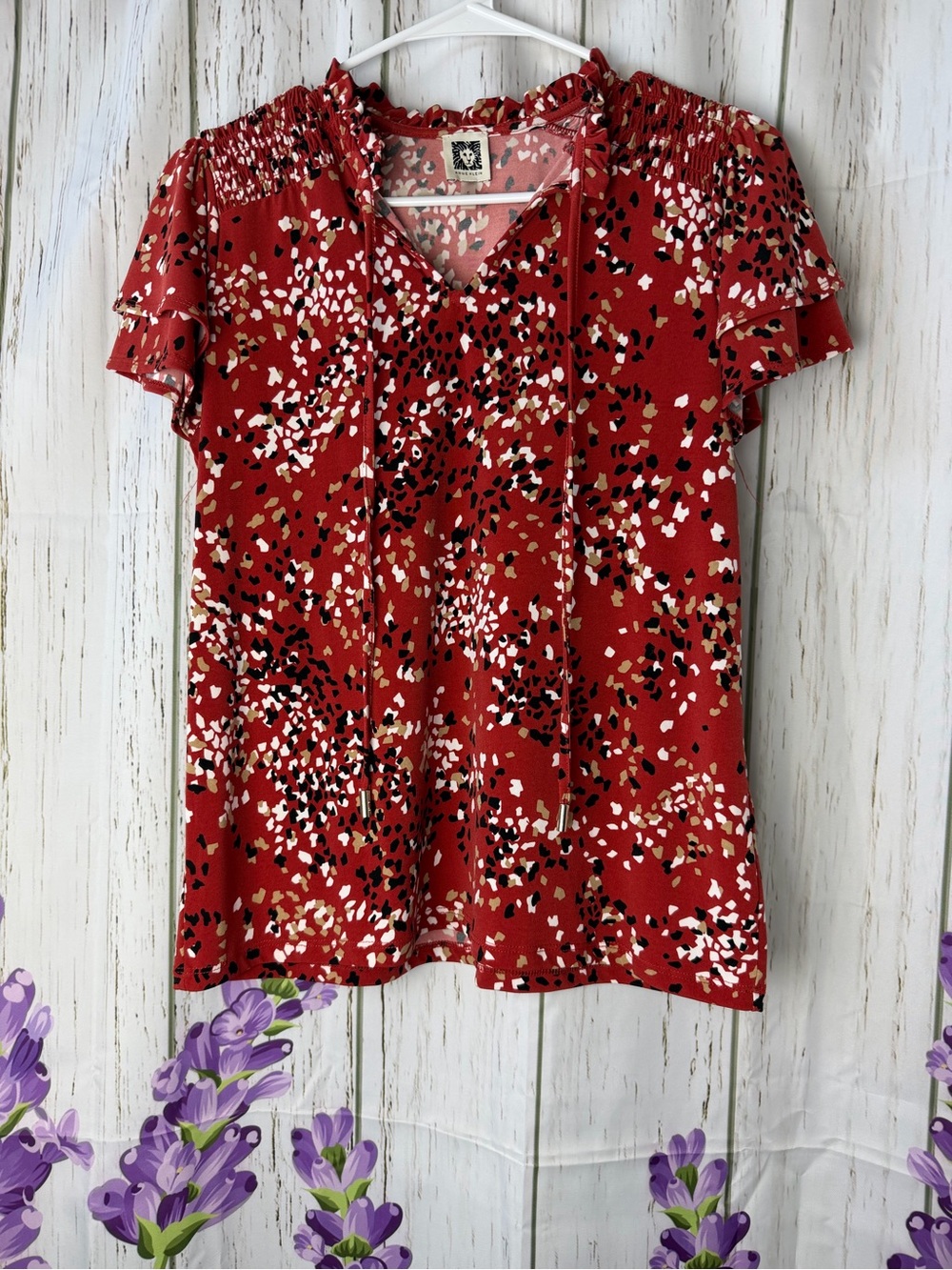 Anne Klein Red Speckle Print Ruffle V-Neck Blouse